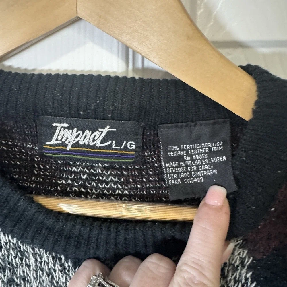 Vtg Impact Mens Sweater‎ Sz L Knit Argyle Leather Patches Trim Navy Maroon Gray
